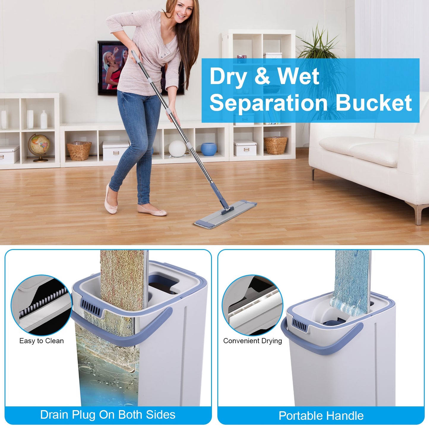 Flat Mop and Bucket Set with Wringer and 3 Microfiber Pads