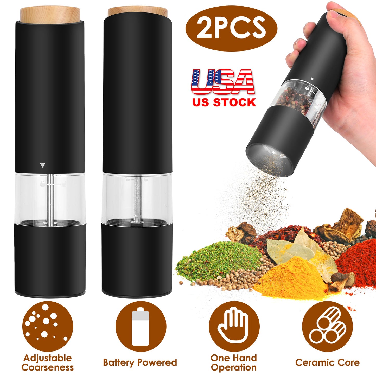 Electric Salt and Pepper Grinder Set - Battery Powered, 2 Pack