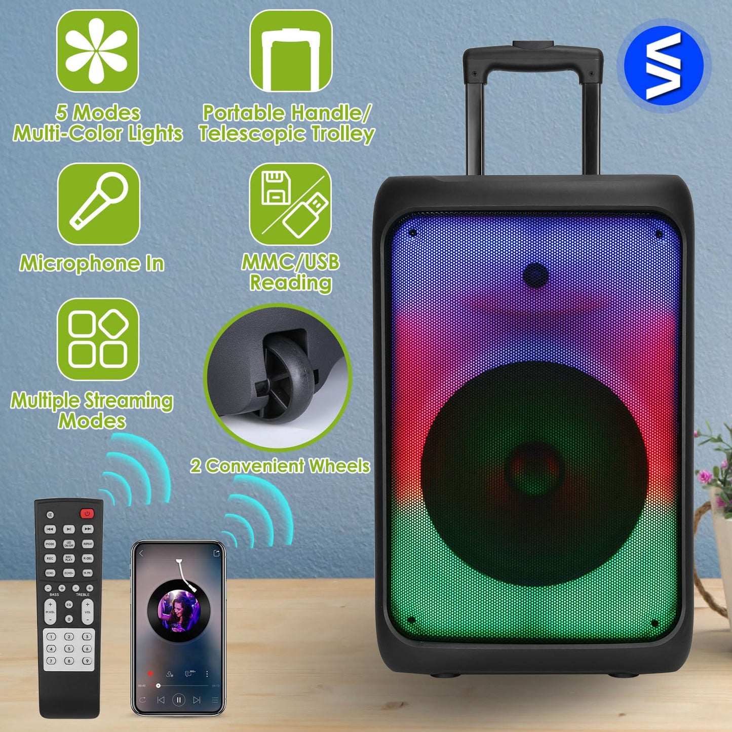 Portable Bluetooth Party Speaker with RGB Lights & Microphone