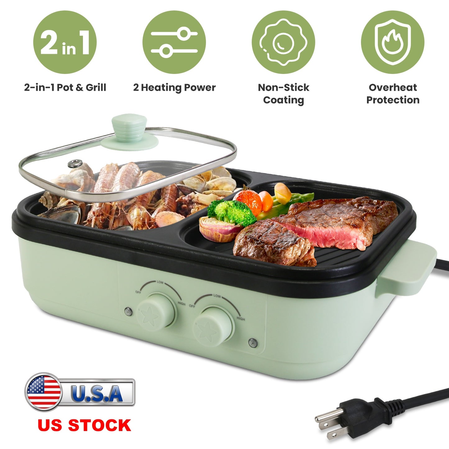 Electric Hot Pot with Grill 2-in-1 Combo for 1-2 People