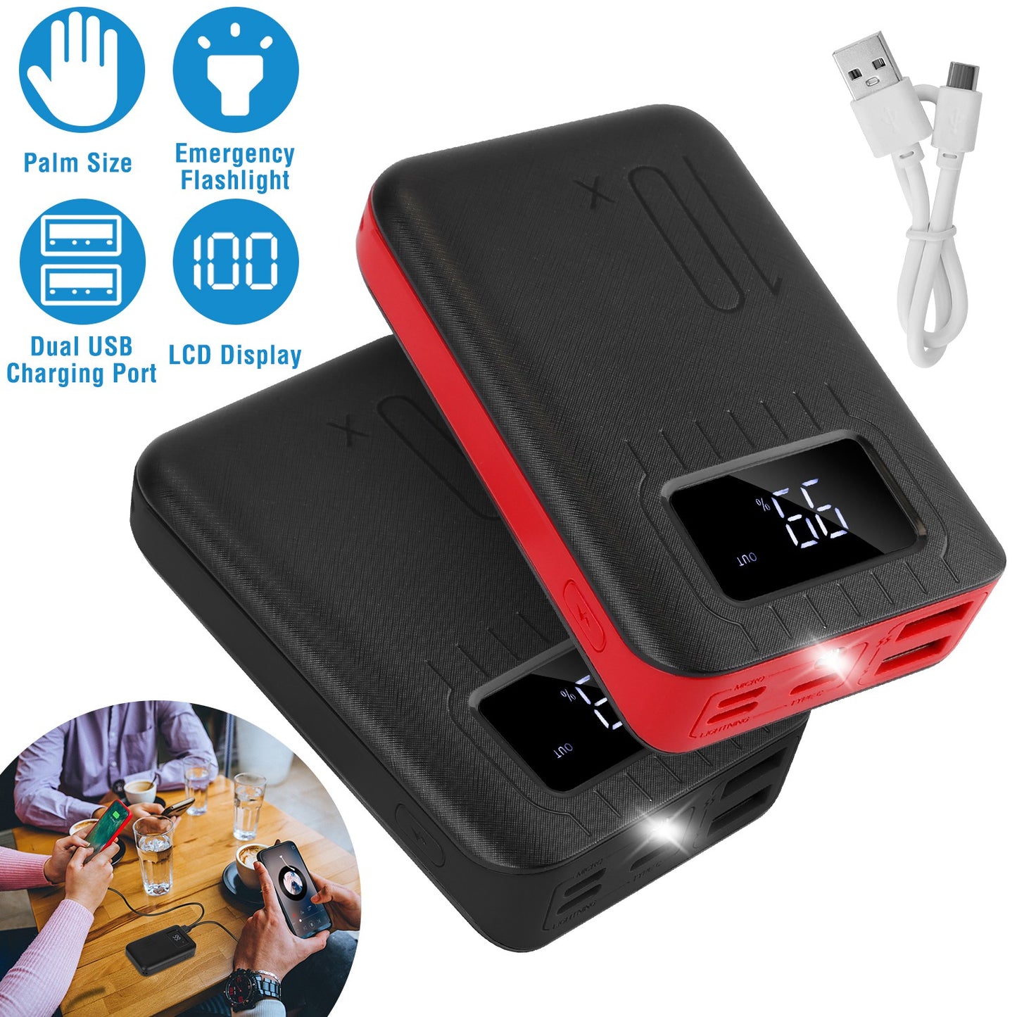 10000mAh Portable Power Bank with Dual USB Ports & LCD Display