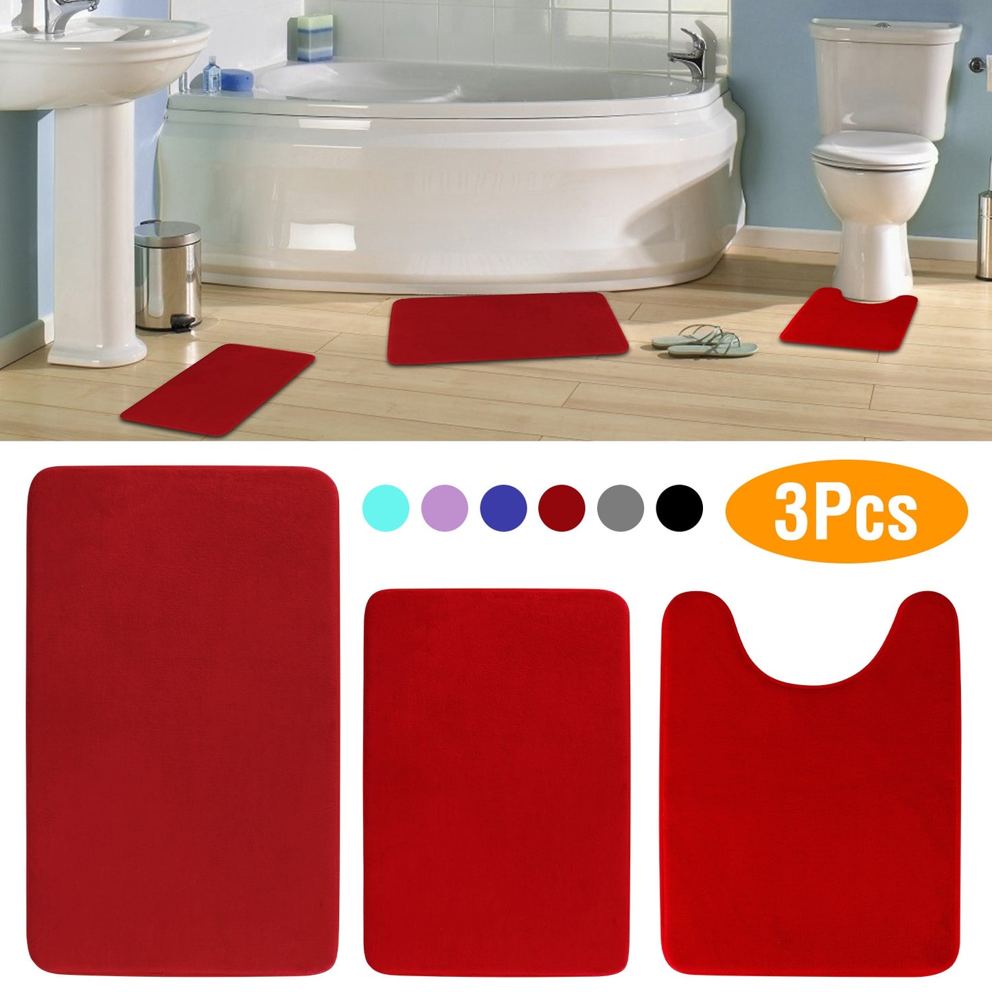 Bathroom Rug Set 3-Piece Plush Memory Foam Non-Slip