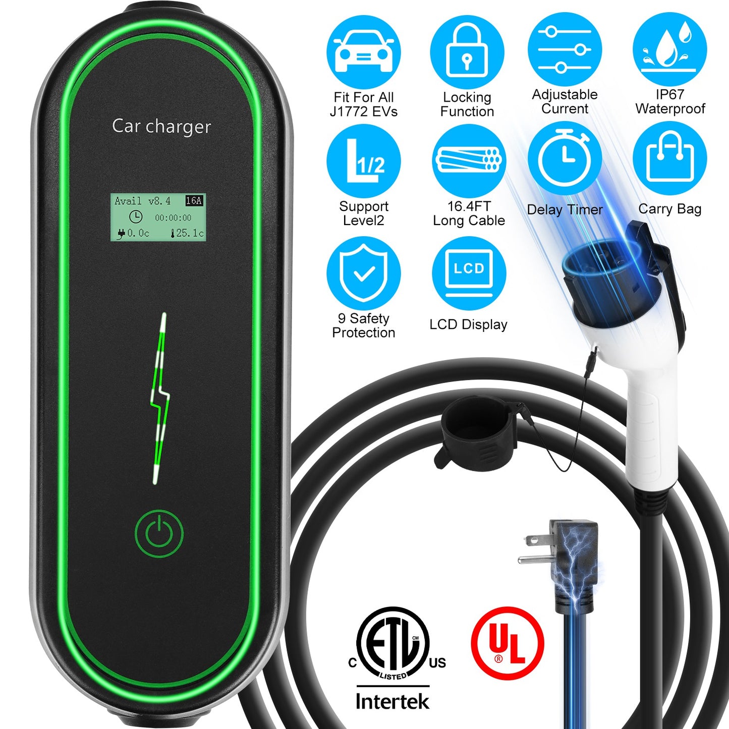 Level 2 EV Charger with NEMA 6-20P Plug and Carry Bag