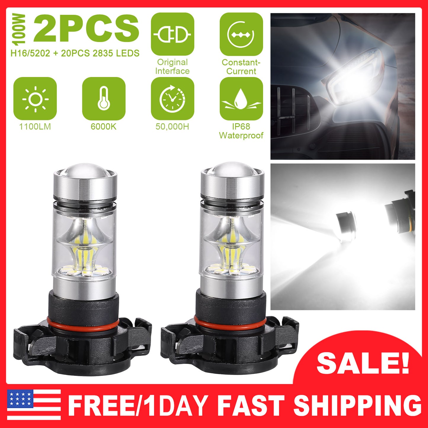 H16 5202 LED Fog Light Bulbs 6000K White 1100LM (2-Pack)