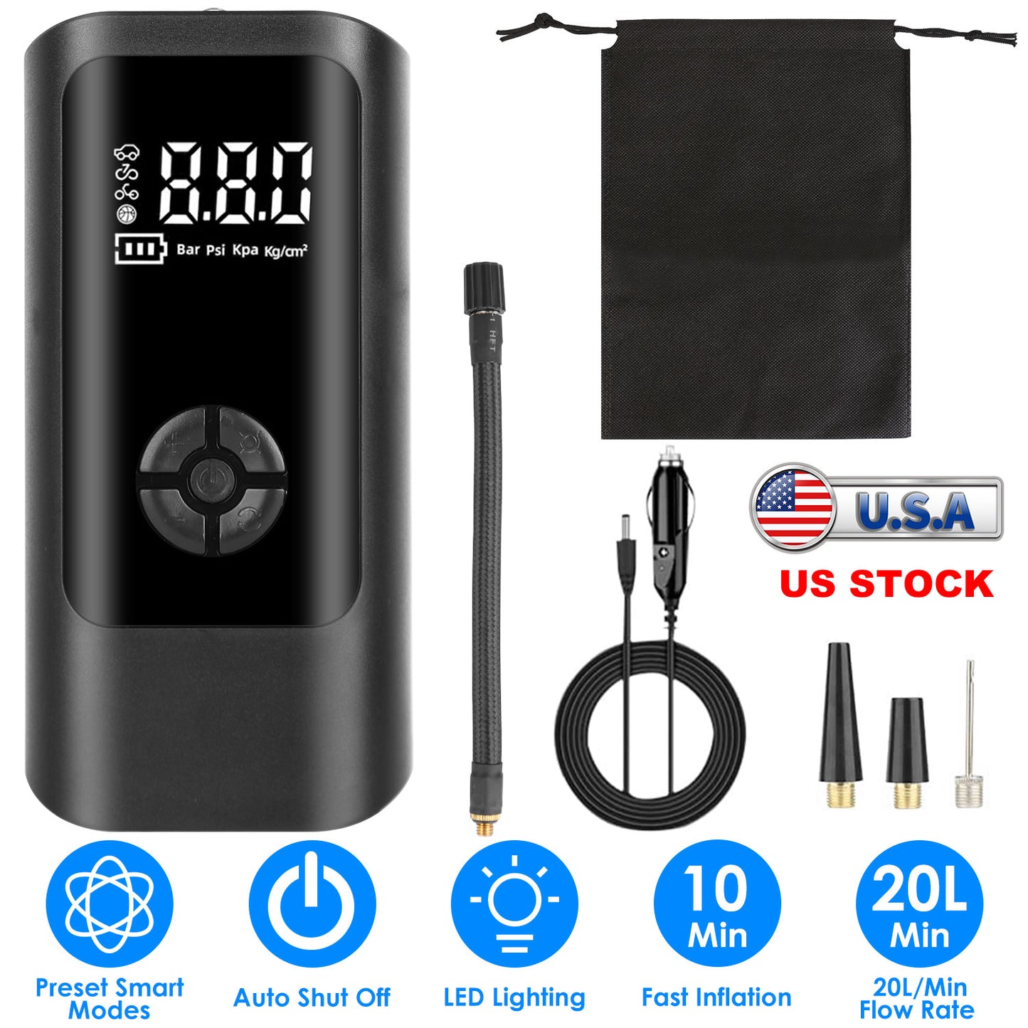 Portable Car Tire Inflator with LED Light & Digital Display