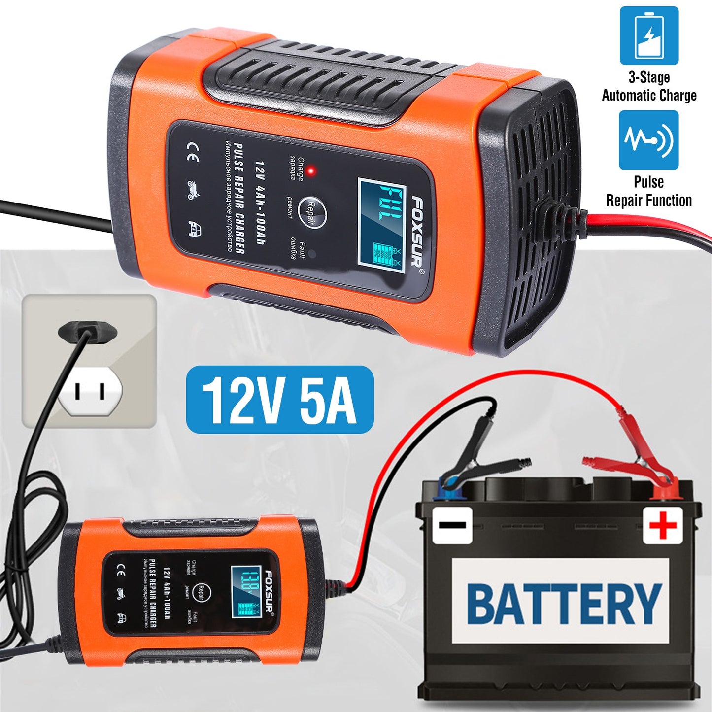 12V 5A Battery Charger with LCD Display and Pulse Repair
