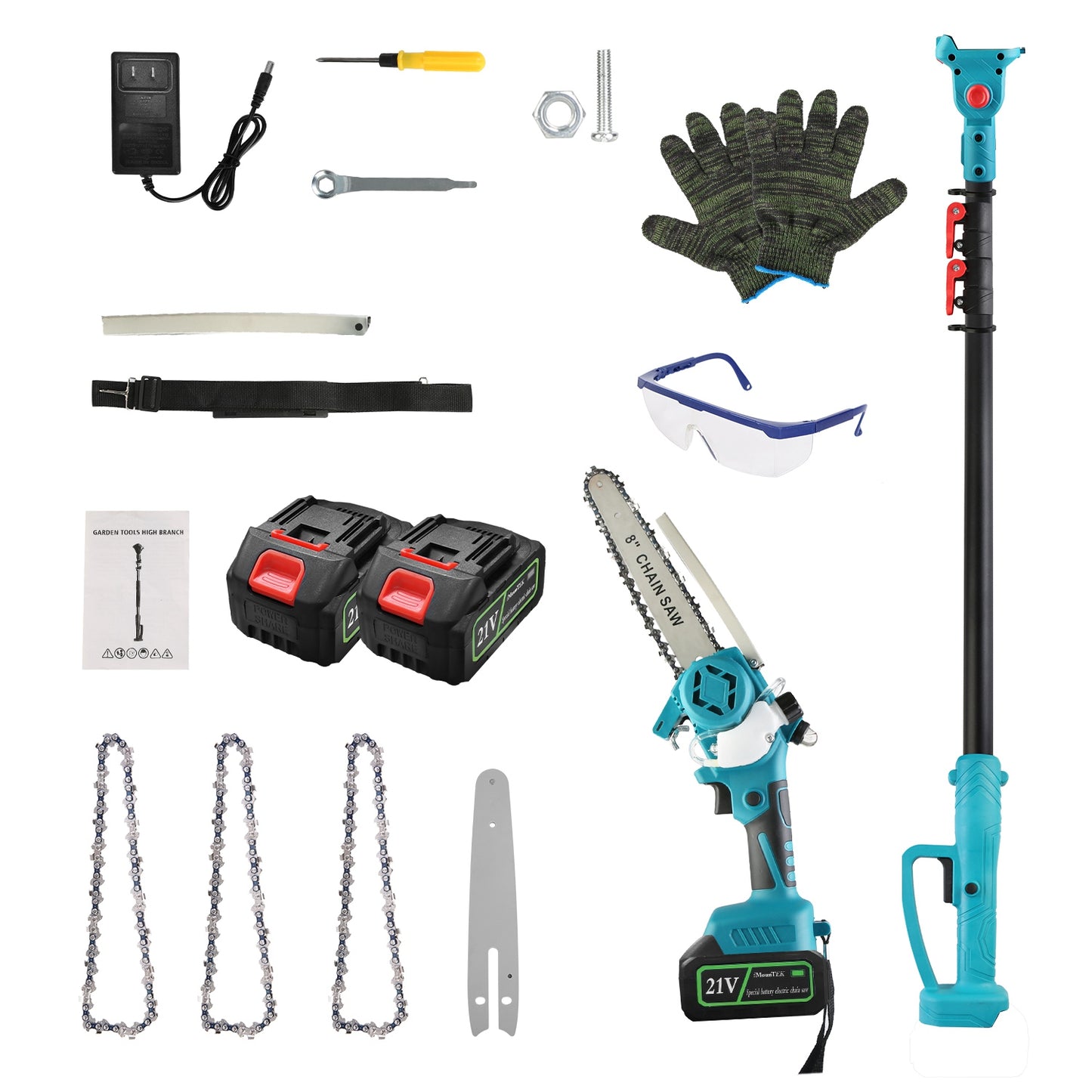 Cordless Pole Saw 21V with Extension Pole and Mini Chainsaw
