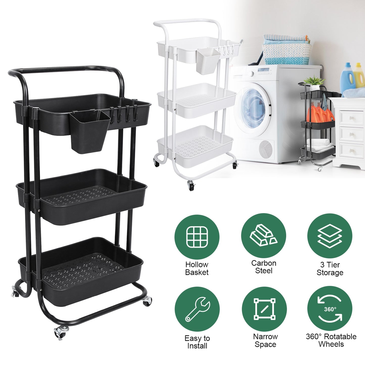 3-Tier Rolling Utility Cart with Lockable Wheels & Mesh Baskets