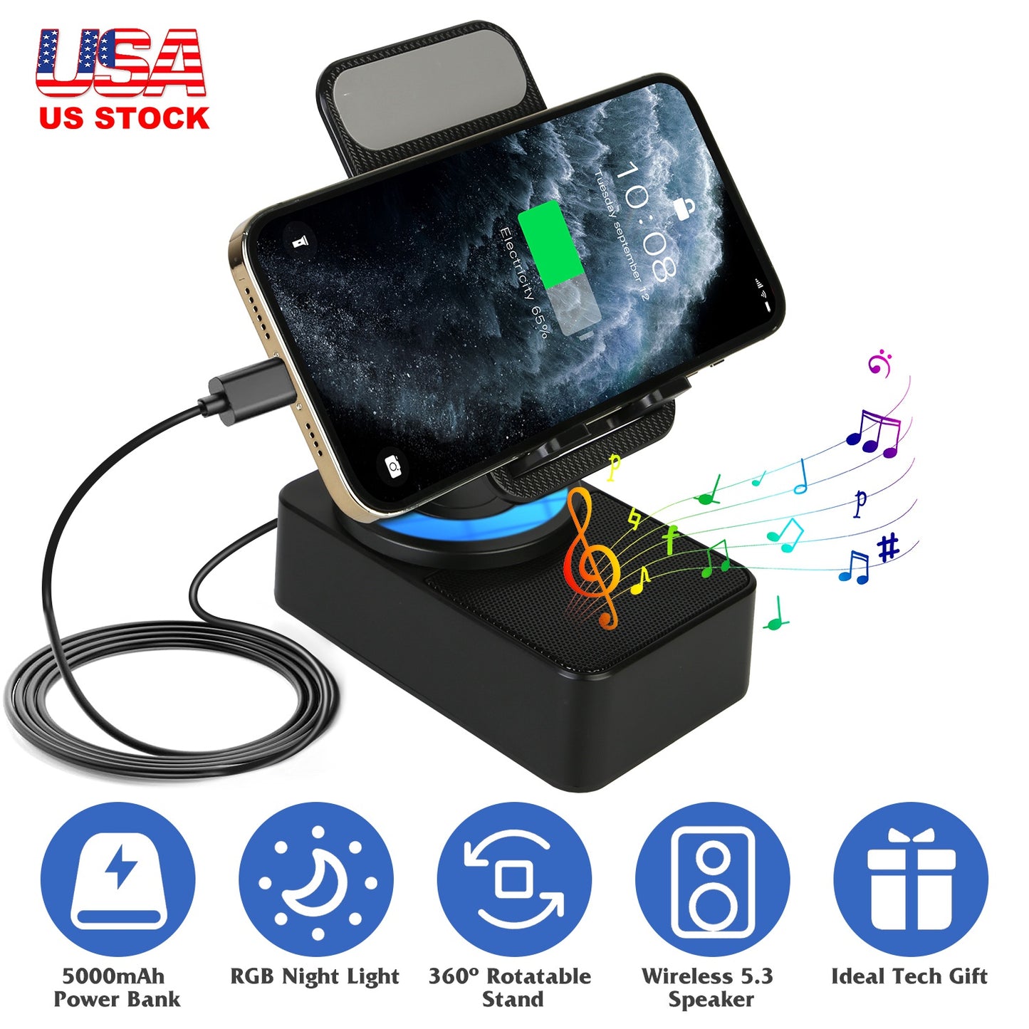 4-in-1 Wireless Speaker Phone Stand with 5000mAh Power Bank