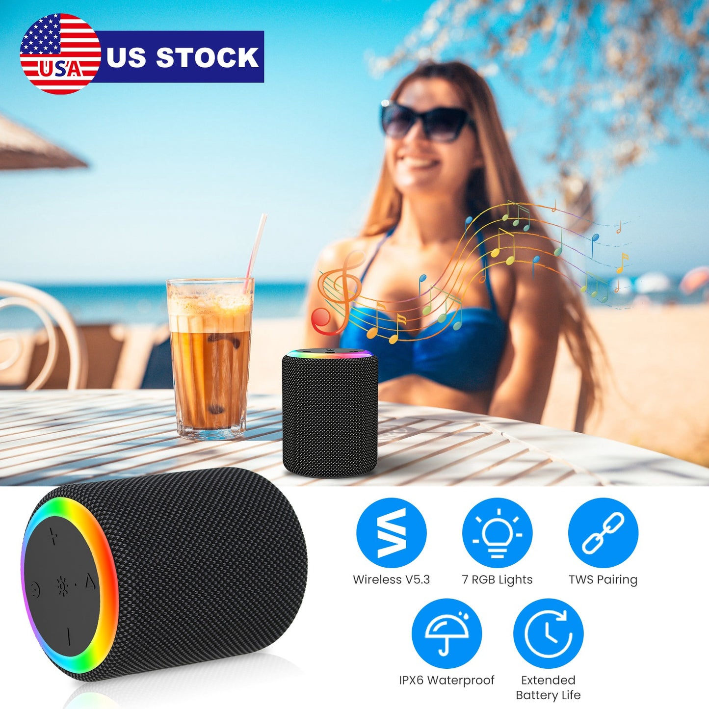 Portable Wireless Speaker with RGB Lights & IPX6 Waterproof