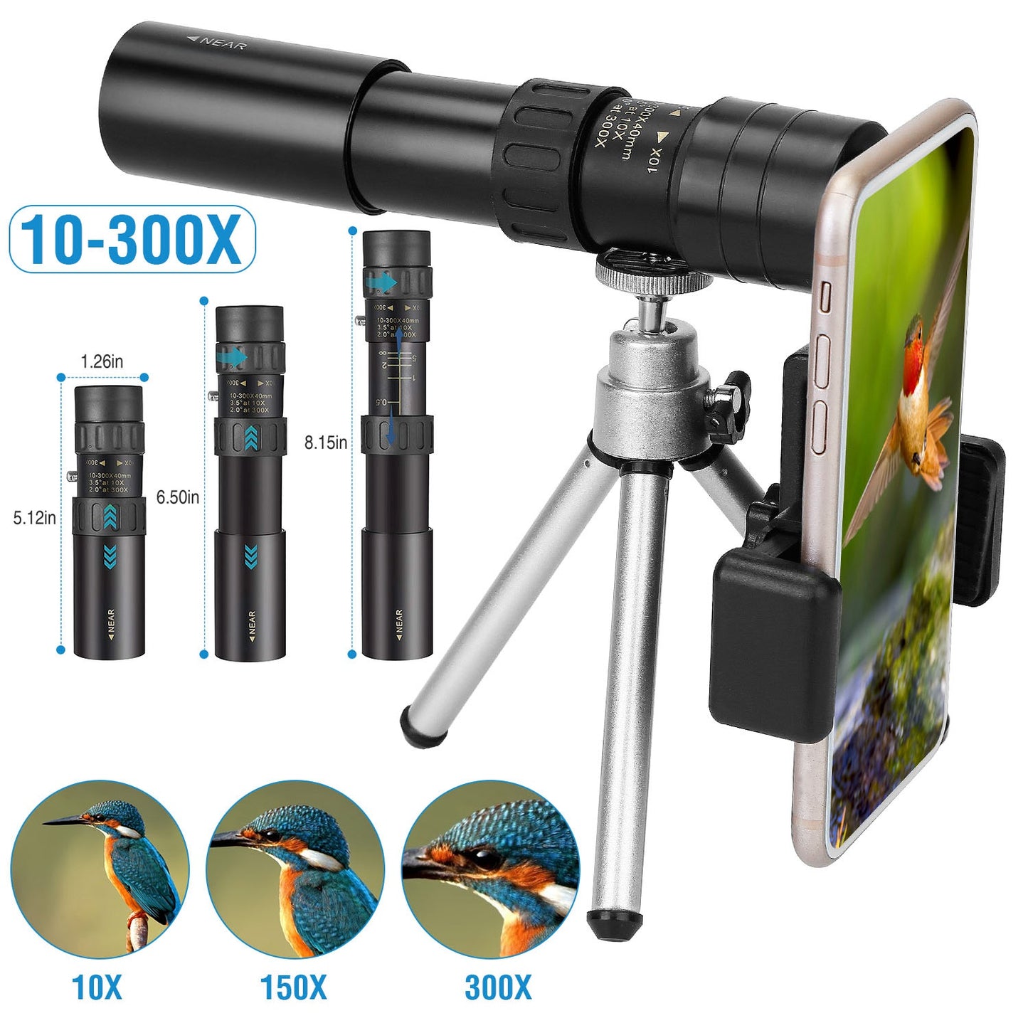 Monocular Telescope 10X-300X Zoom with Phone Holder & Tripod