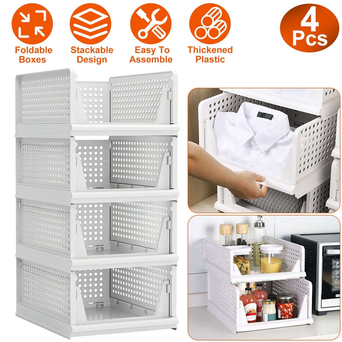 Plastic Storage Bins with Slide Rails - 4 Pack Stackable