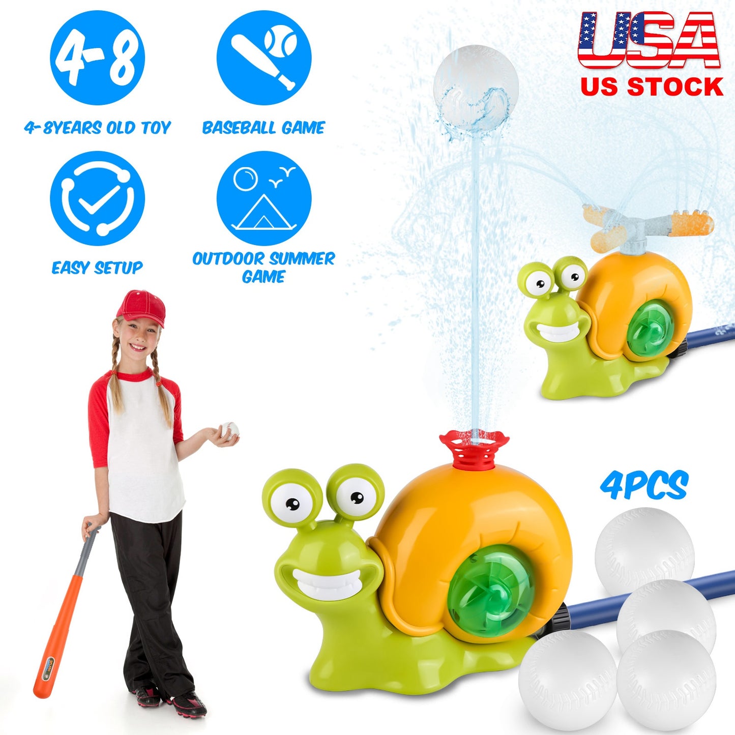 Snail Water Sprinkler Baseball Toy with 360° Rotating Spray