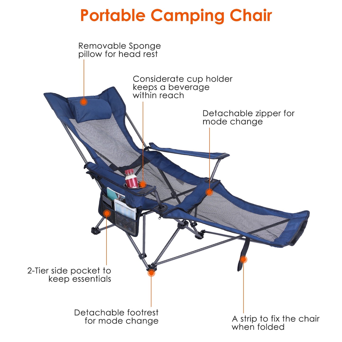 Foldable Camping Chair with Reclining Backrest - 330 LBS Capacity