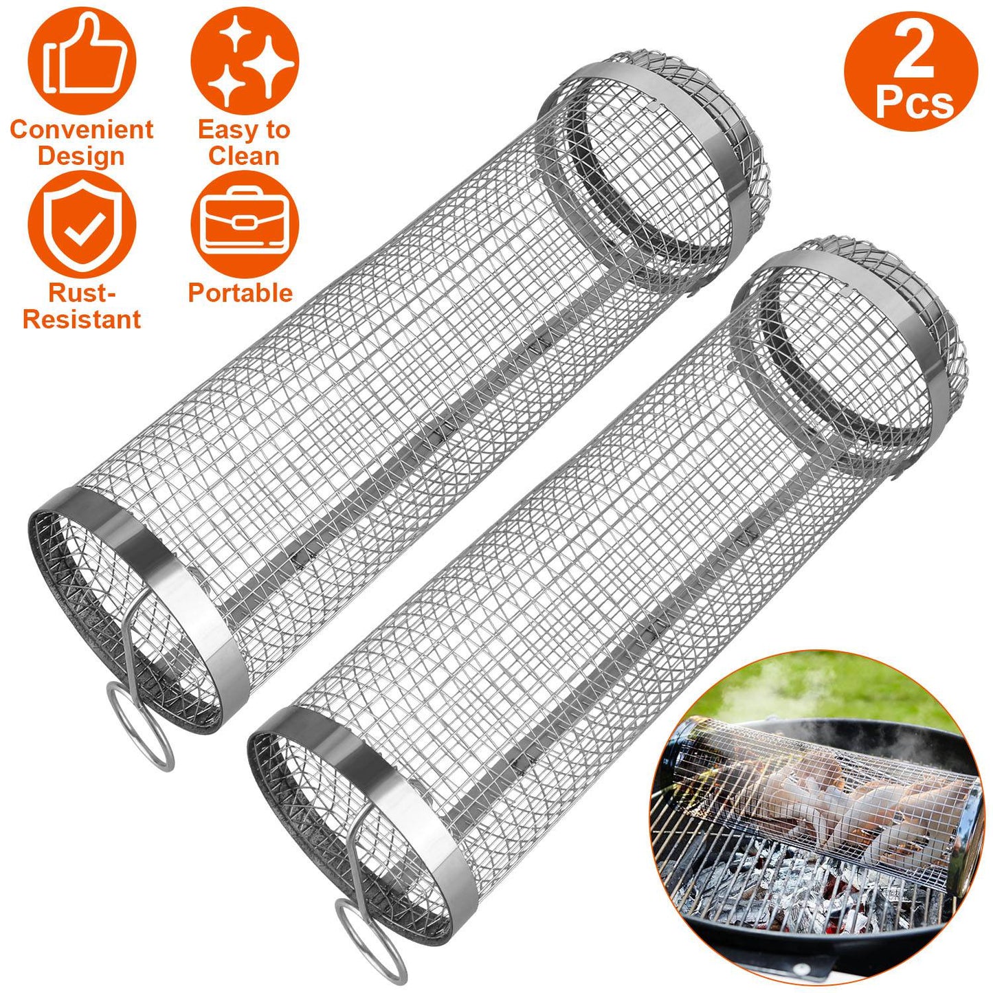 Stainless Steel Rolling Grill Basket Set - 2 Pack with Hooks