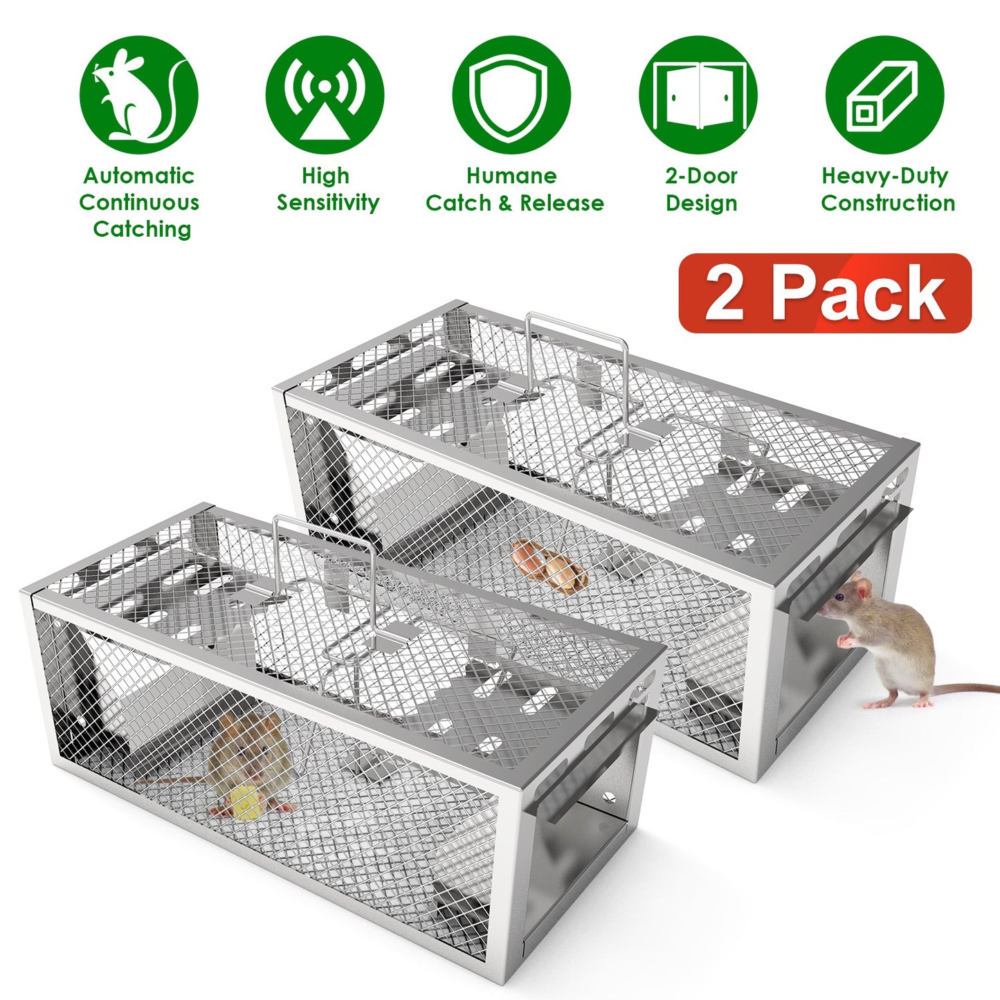 2-Pack Humane Rat Trap with Dual-Door Continuous Catch