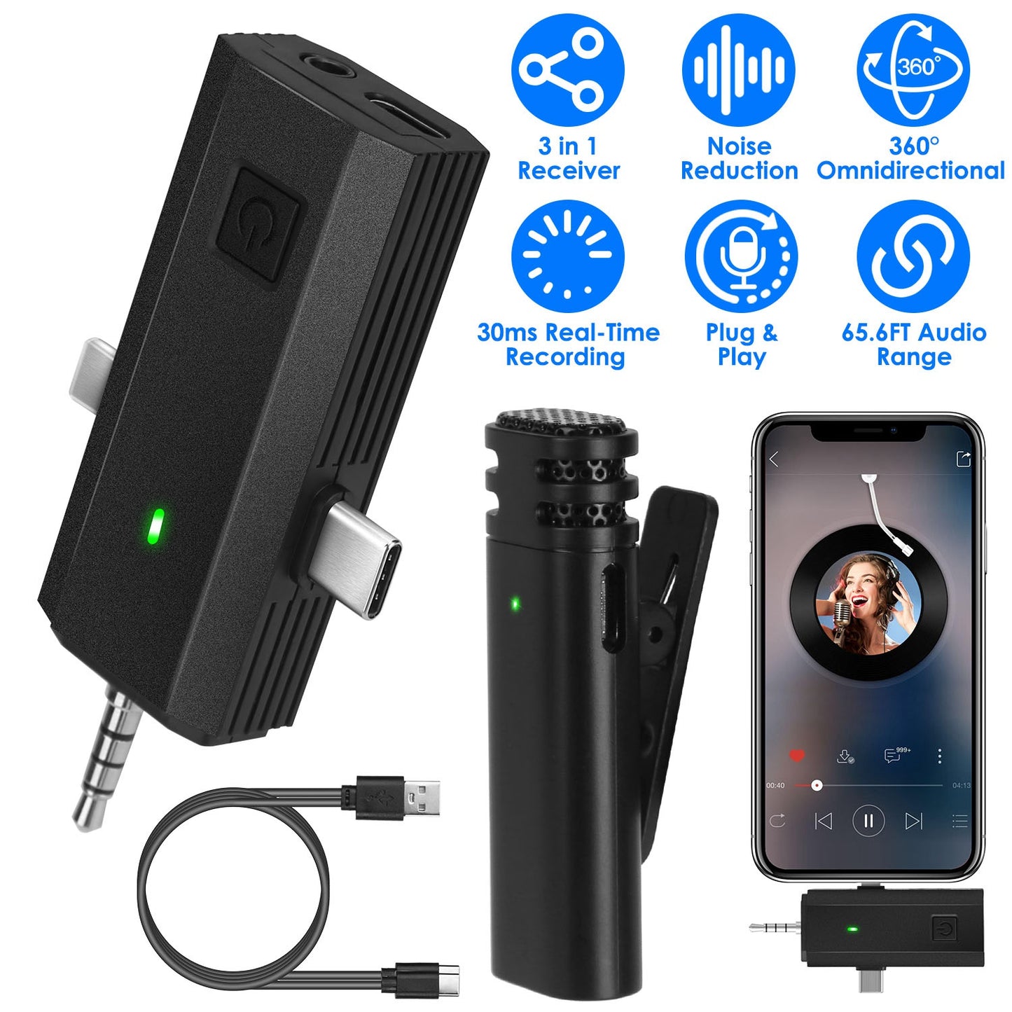 Wireless Clip-On Microphone with 3-in-1 Receiver