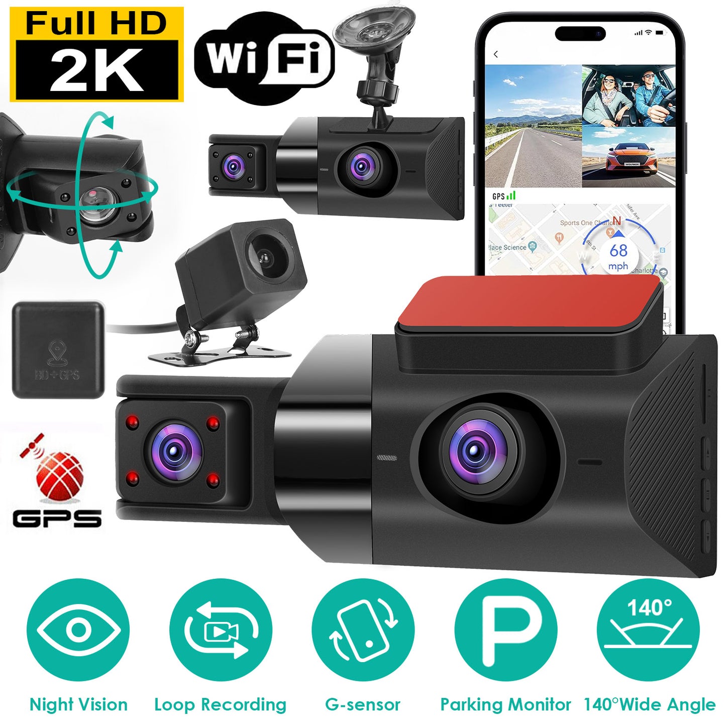 2K Dash Cam with 3 Channels, GPS, WiFi & Night Vision