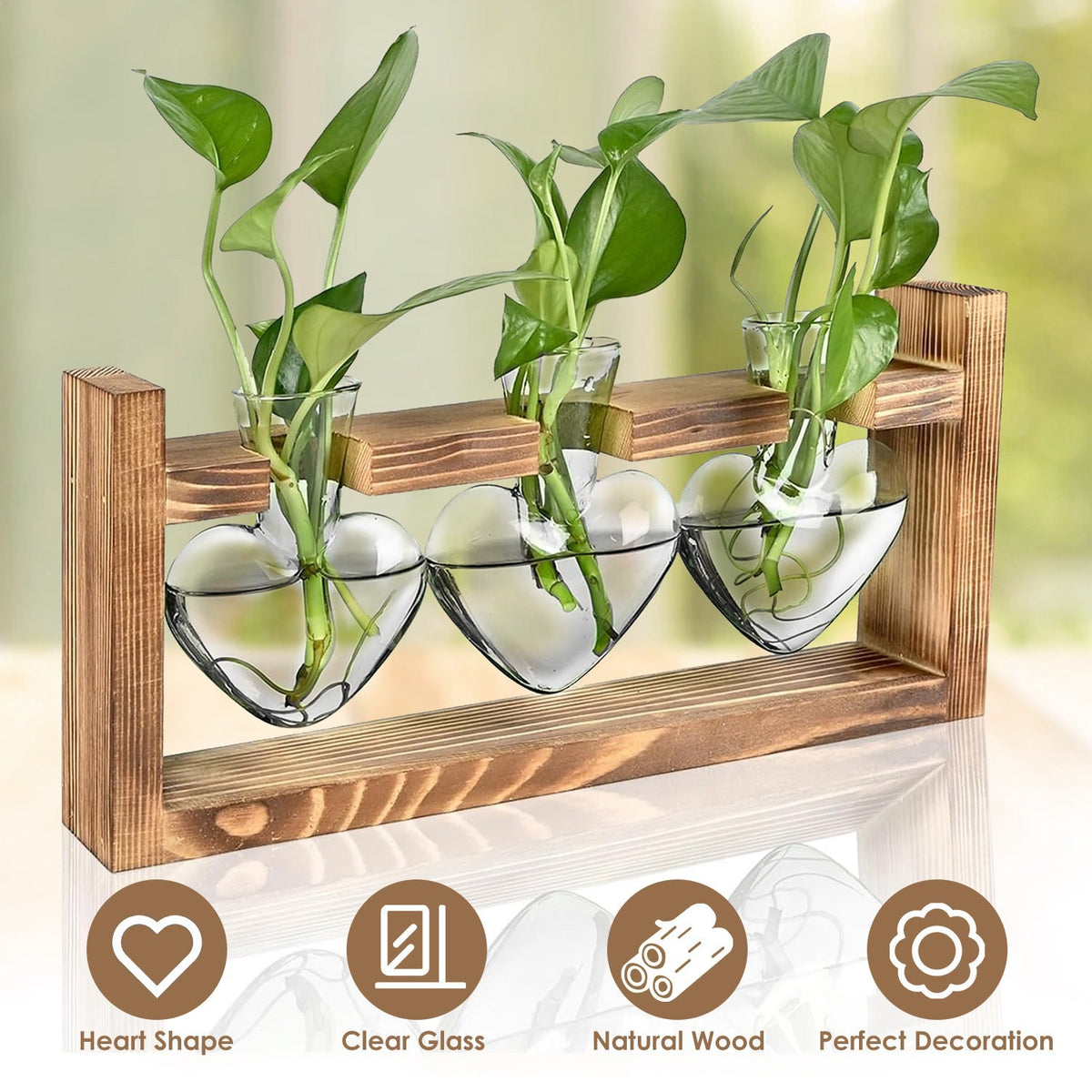 Plant Terrarium Propagation Station with 3 Heart Shaped Vases Wooden Stand Desktop Air Planter Bulb Glass Vase for Hydroponics Home Office Decor Gift
