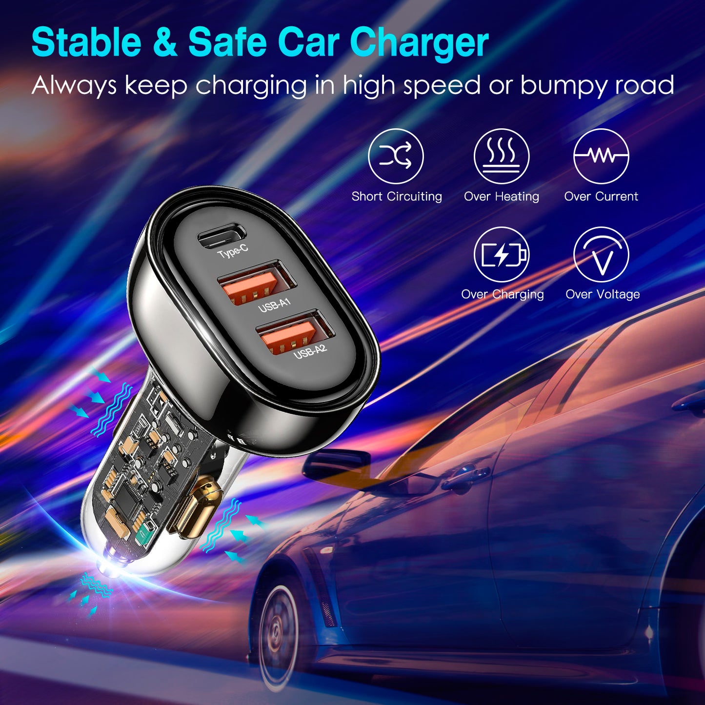 90W Fast Car Charger with 3 Ports and Ambient Light