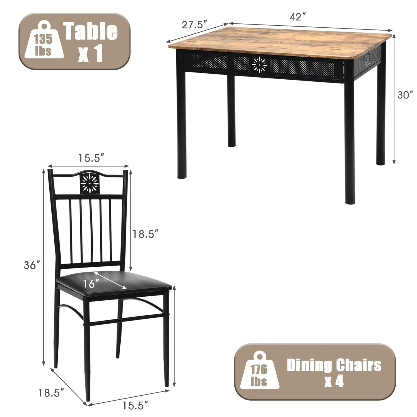 5-Piece Dining Set with Cushioned Chairs and Metal Frame