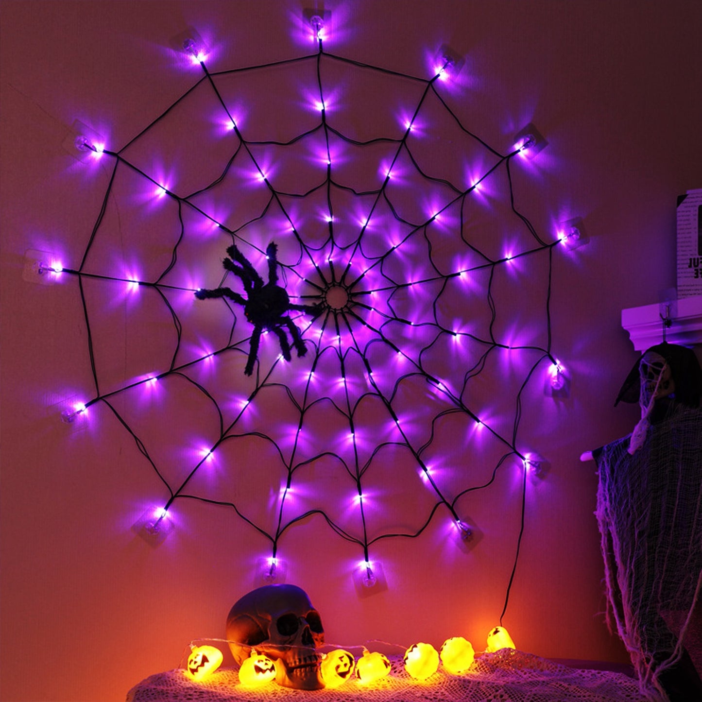 Spider Web Light with Hairy Spider - 70 LED Halloween Decoration