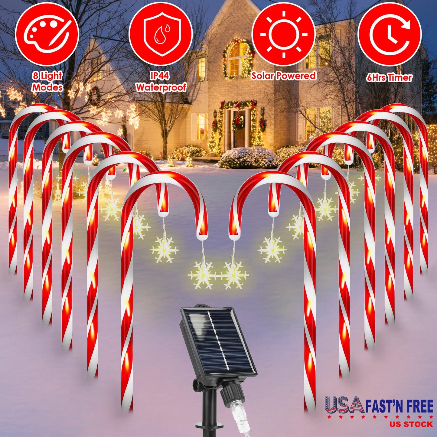 Solar Candy Cane Christmas Lights - 12 Canes, 72 LEDs, 8 Modes
