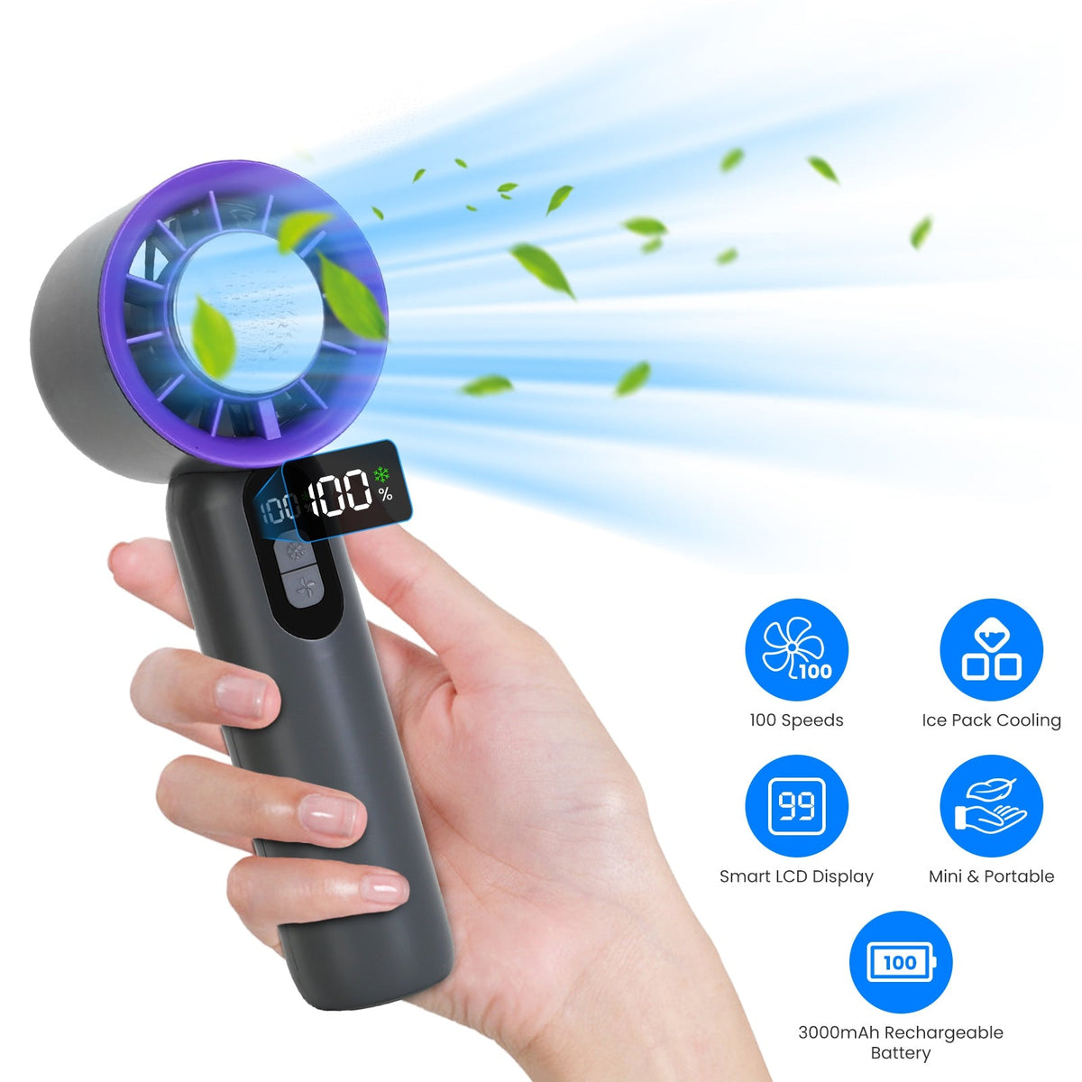 100 Speed Handheld Fan With Ice Cooler High Speed Turbo Fan 3000mAh Rechargeable Hand Fan with LCD Display for Travel Camping Beach Outdoor