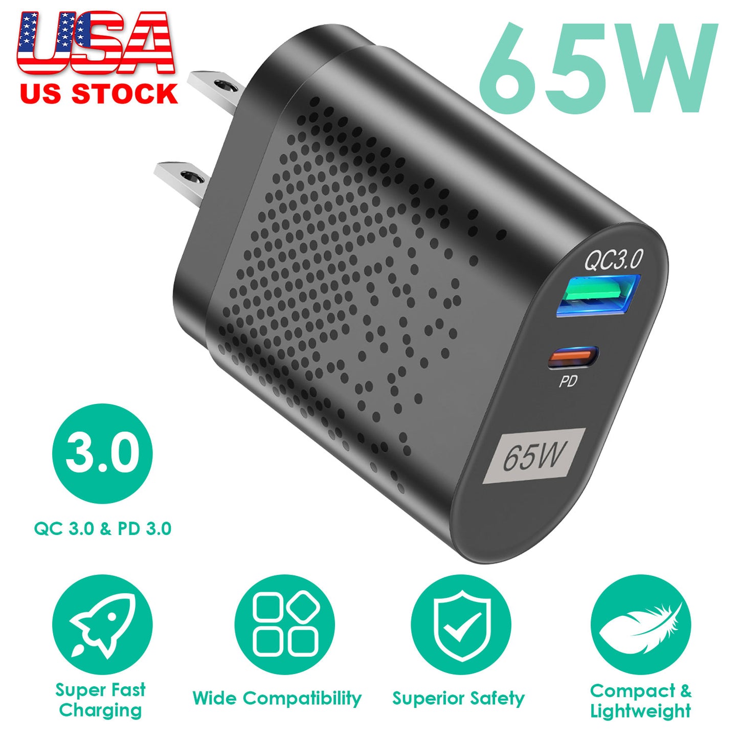 65W USB-C Fast Wall Charger with Dual Port PD 3.0