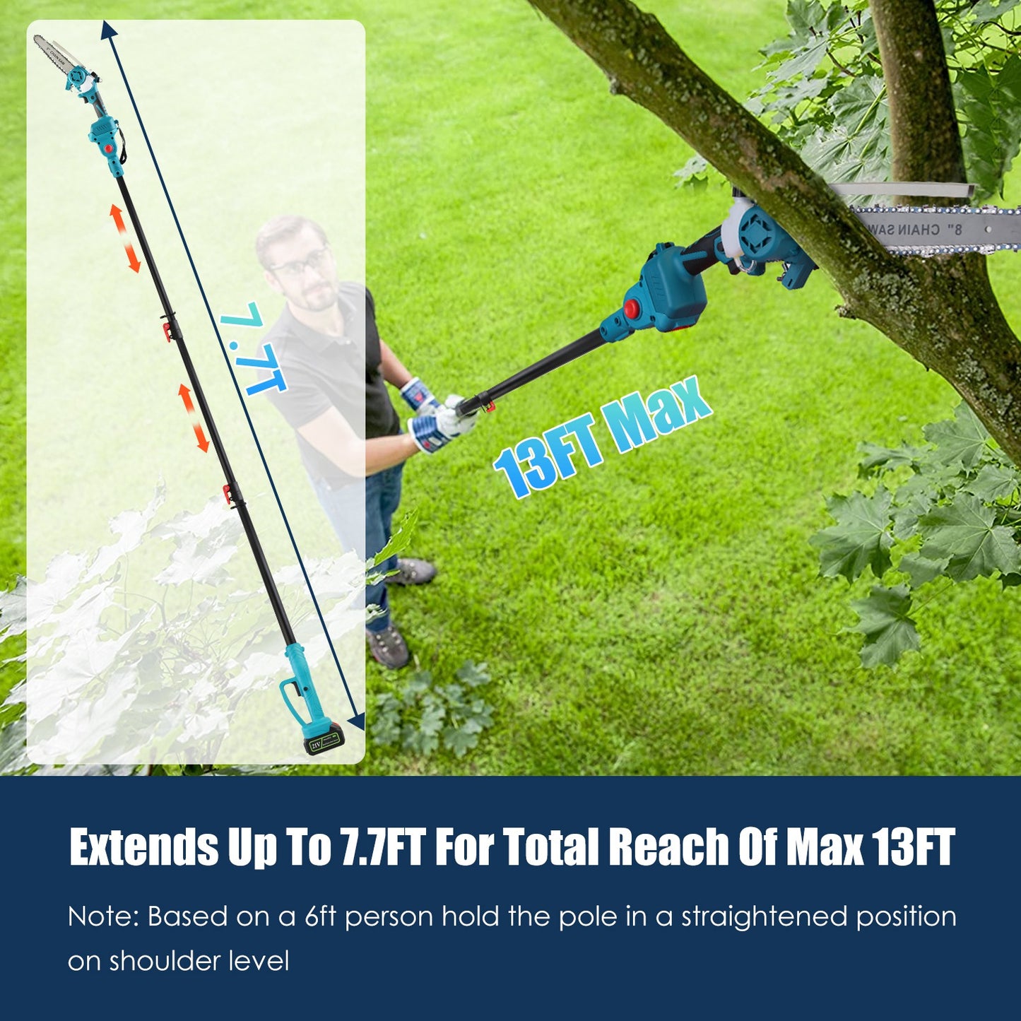 Cordless Pole Saw 21V with Extension Pole and Mini Chainsaw