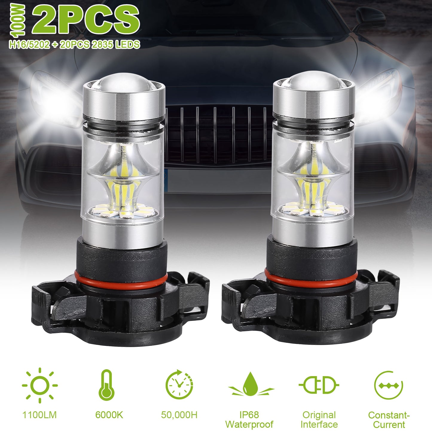 H16 5202 LED Fog Light Bulbs 6000K White 1100LM (2-Pack)