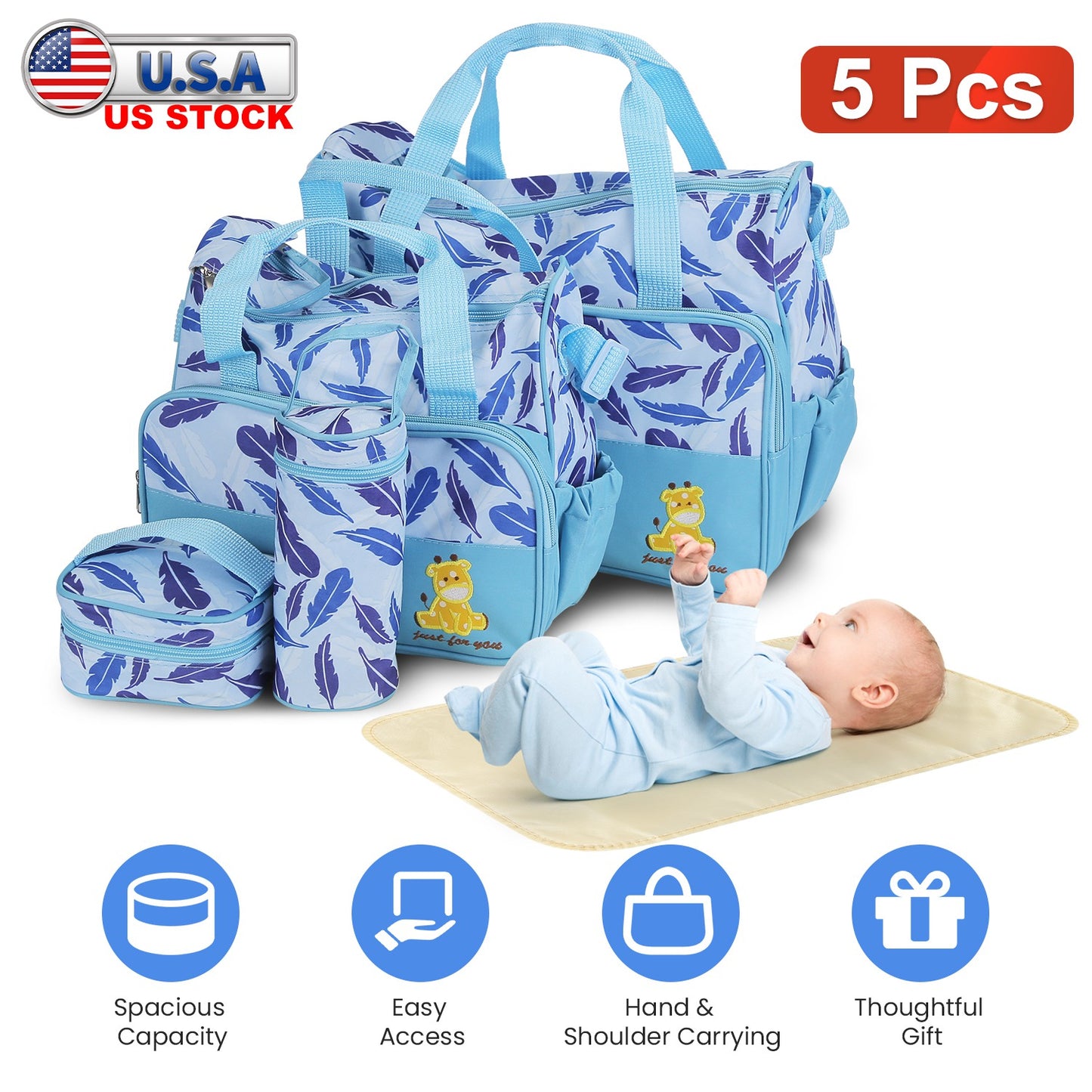 5-Piece Diaper Bag Set with Bottle Bag and Changing Pad