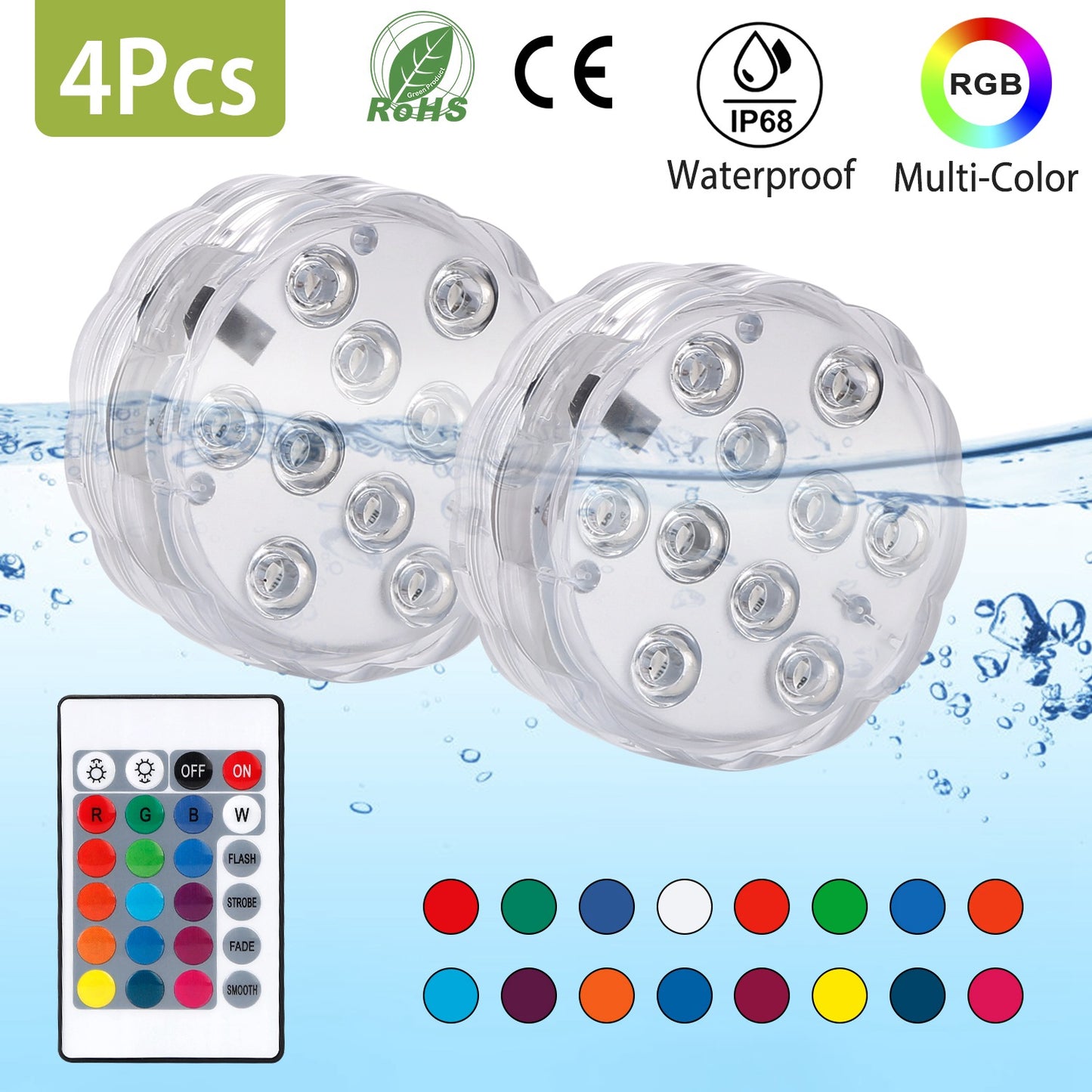 Submersible RGB LED Lights with Remote - 4 Pack Waterproof