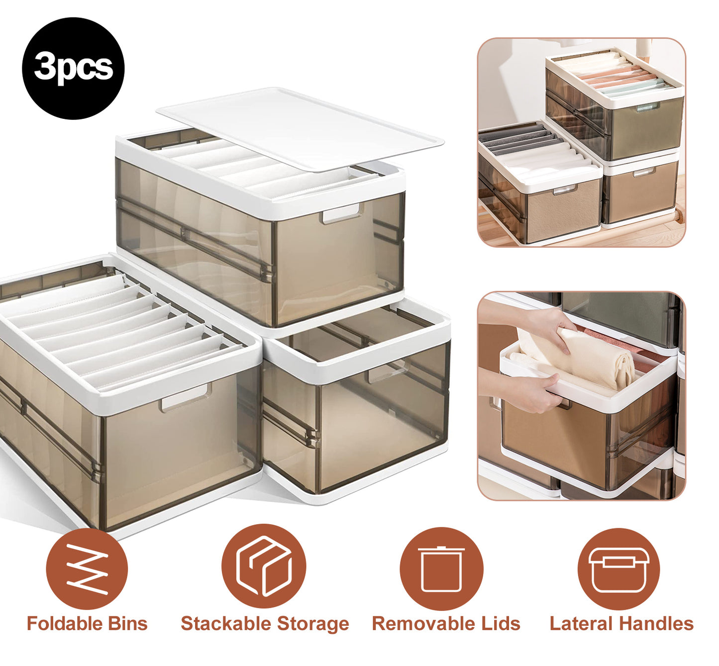 Foldable Storage Bins with Lids - 3 Pack Stackable Organizer