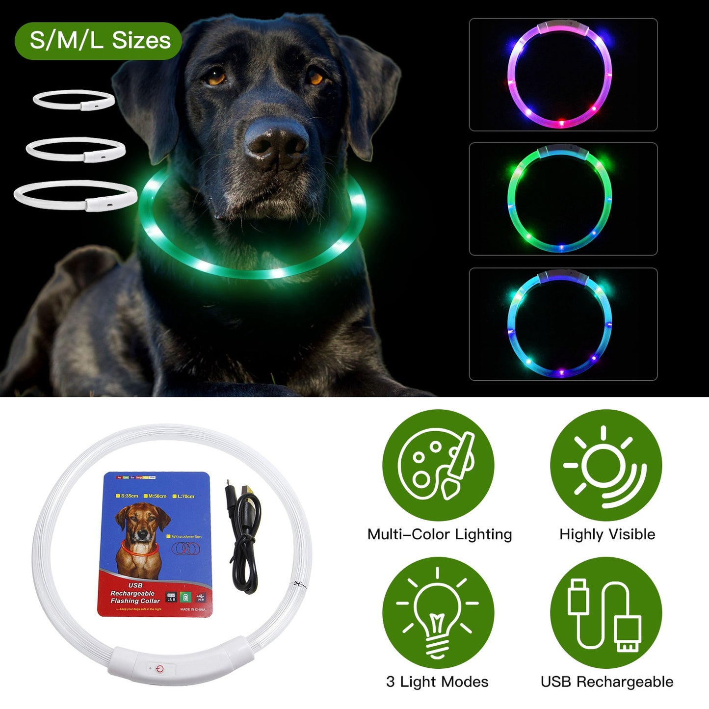 LED Dog Collar USB Rechargeable Multi-Color Safety Light