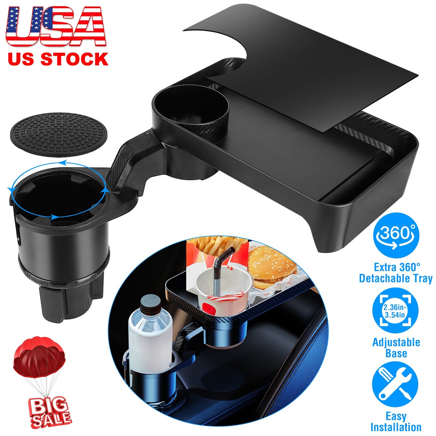 Car Cup Holder Tray with 360° Rotating Organizer