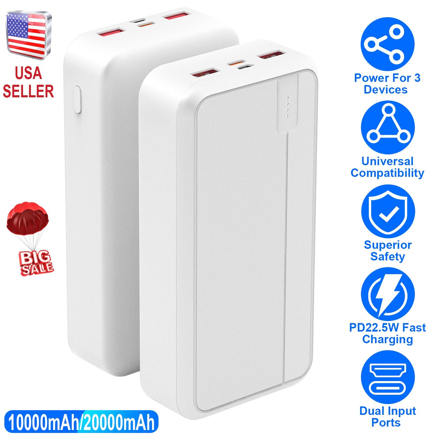 10000mAh Fast Charging Power Bank with PD 22.5W USB-C Cable
