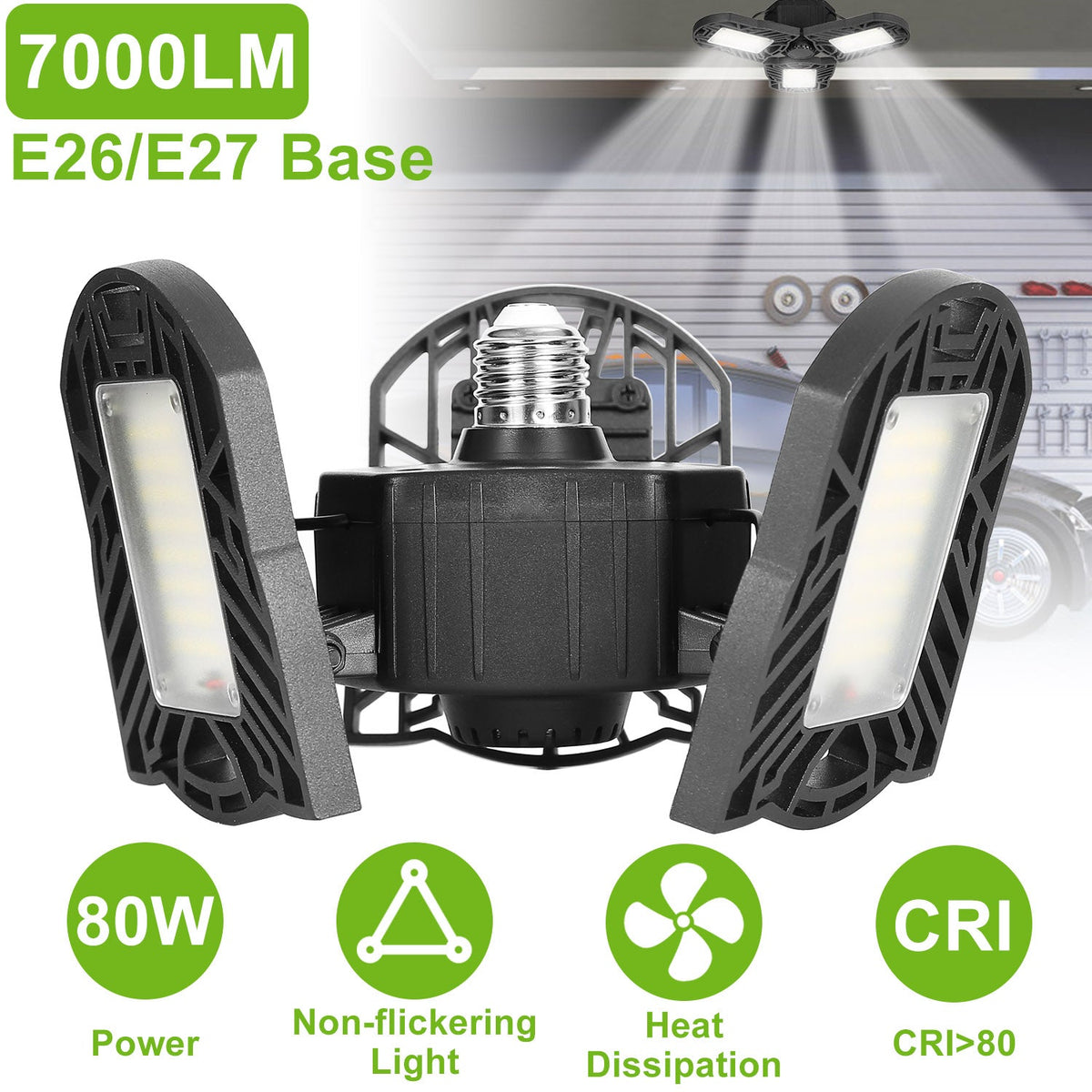 LED Garage Light, iMounTEK E26/E27 80W 7000LM 6500K Garage Ceiling Light Deformable Workshop Lamp Die Cast Aluminum LED Ceiling Light Bulbs with 3 Adj