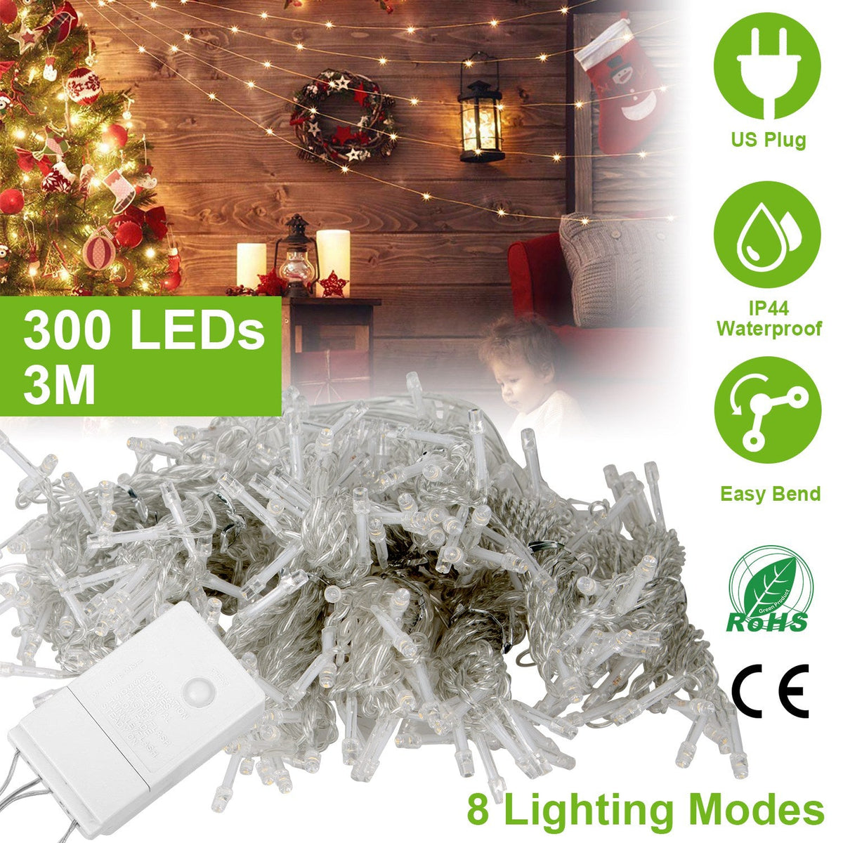 3M 300 LEDs String Curtain Light IP44 String Fairy Lights Party Xmas Decor Lamps W/ Remote