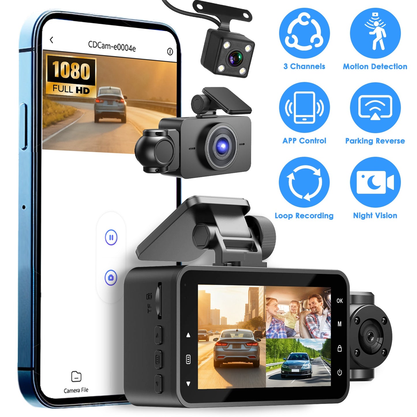 3-Channel Dash Cam with Front, Rear & Interior Cameras