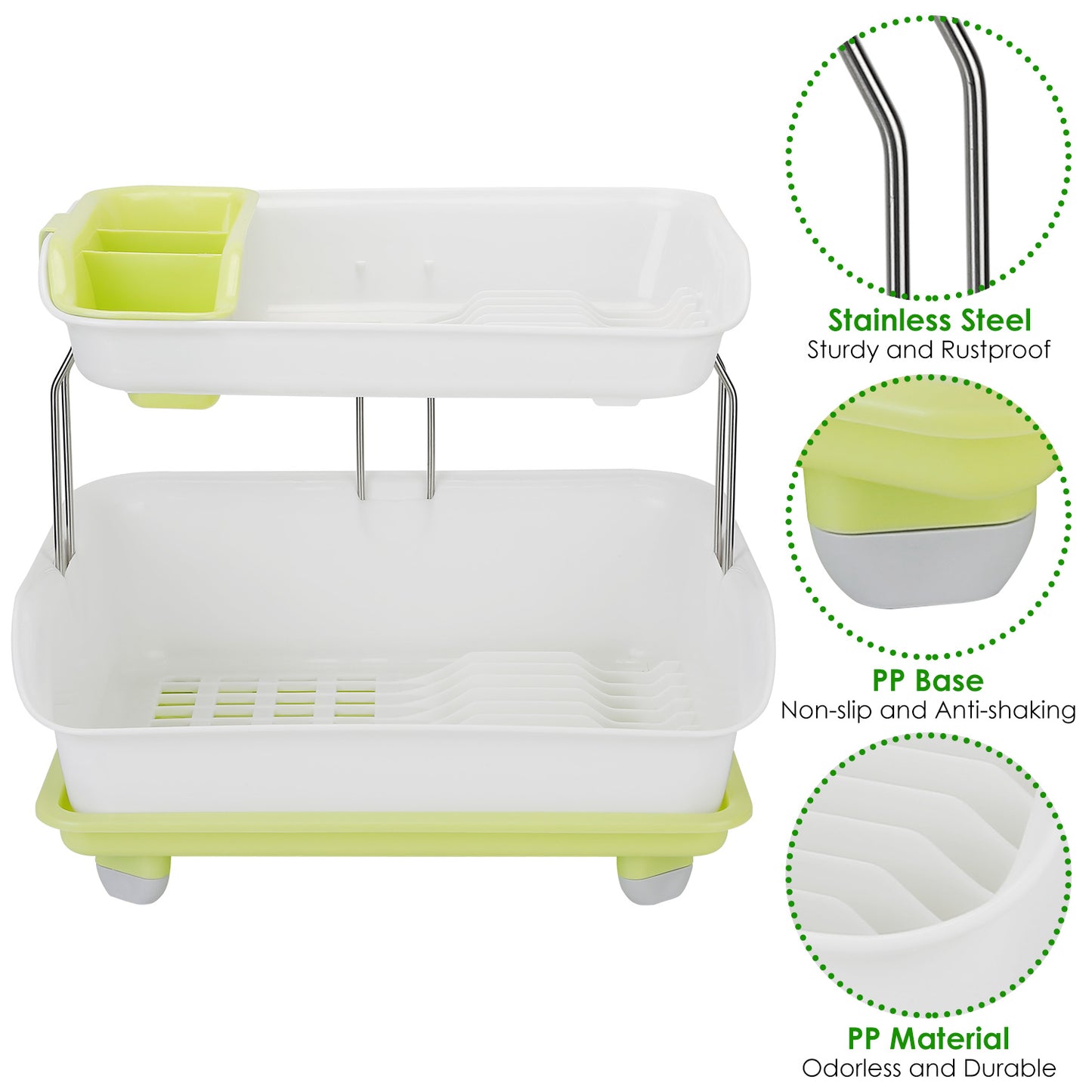 2-Tier Dish Drying Rack with Cutlery Holder & Drainage Tray
