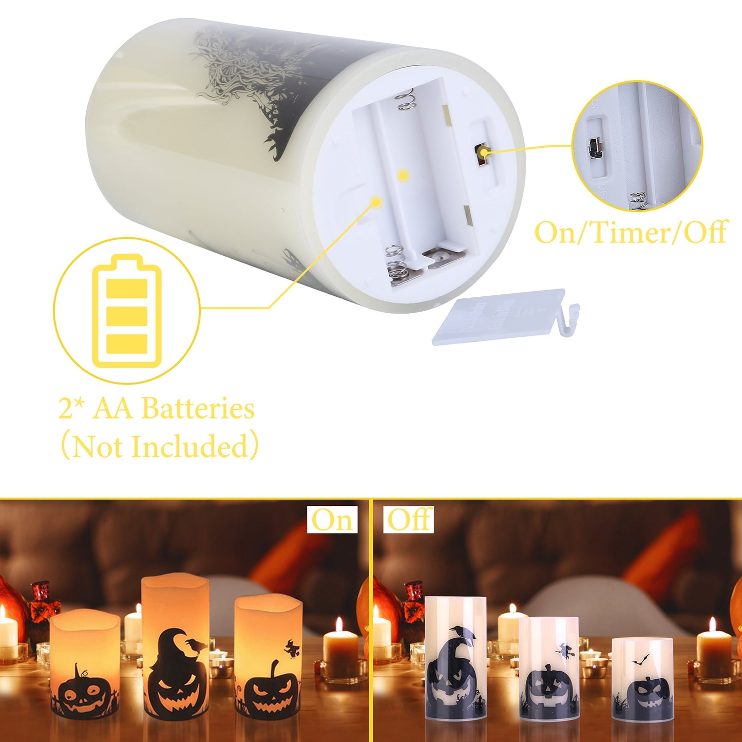 Flameless Halloween Candles with Timer - 3 Pack LED Battery Operated