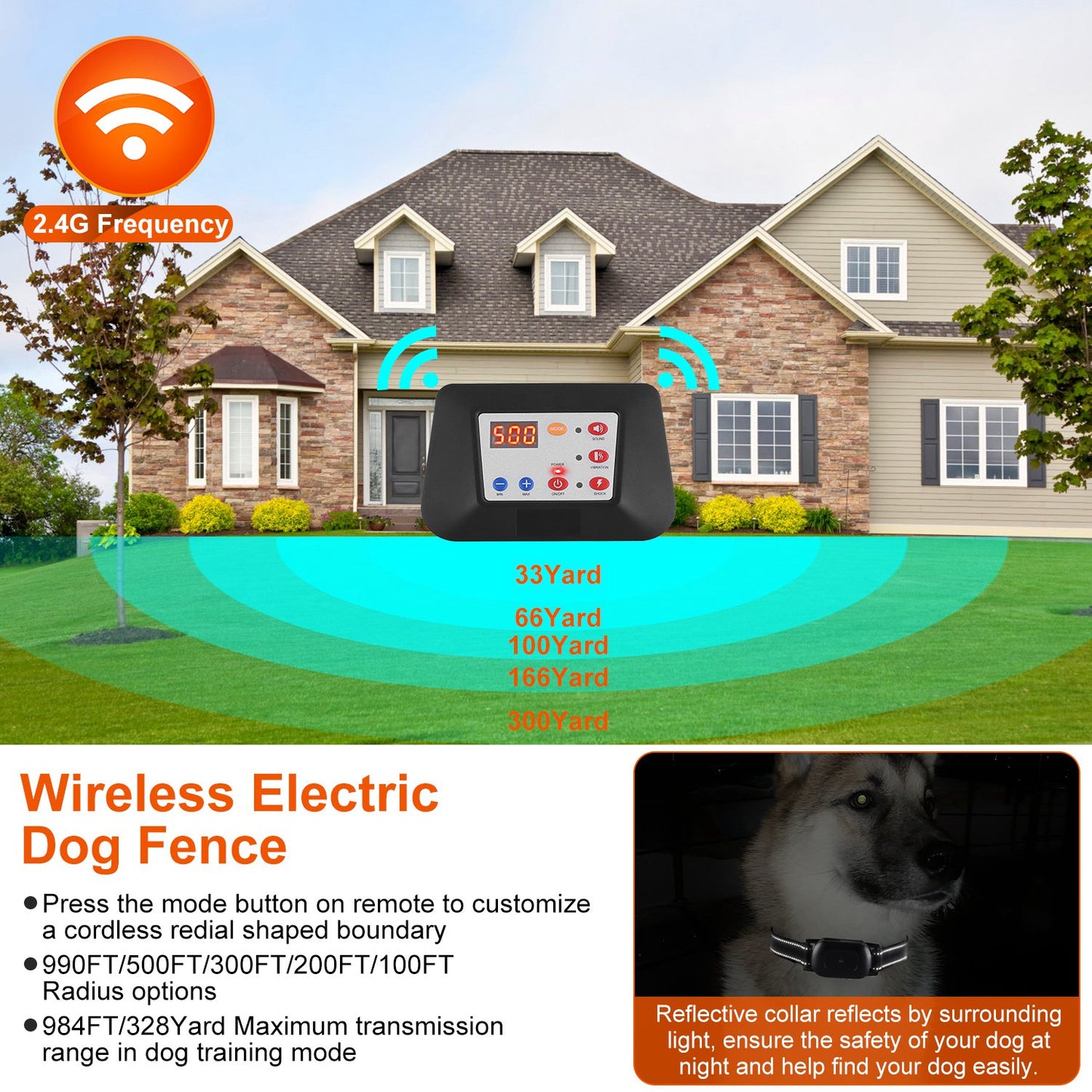 Wireless Dog Fence & Training Collar System 990FT Range