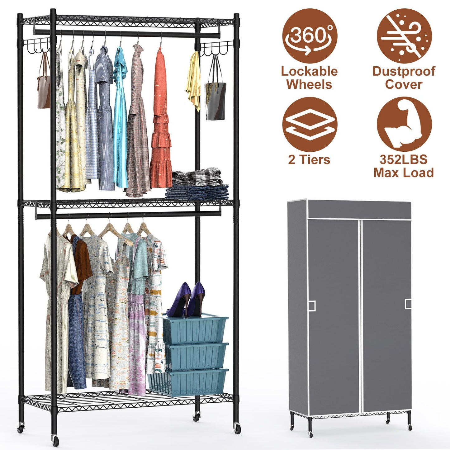 2-Tier Portable Clothing Rack with Cover and Wheels