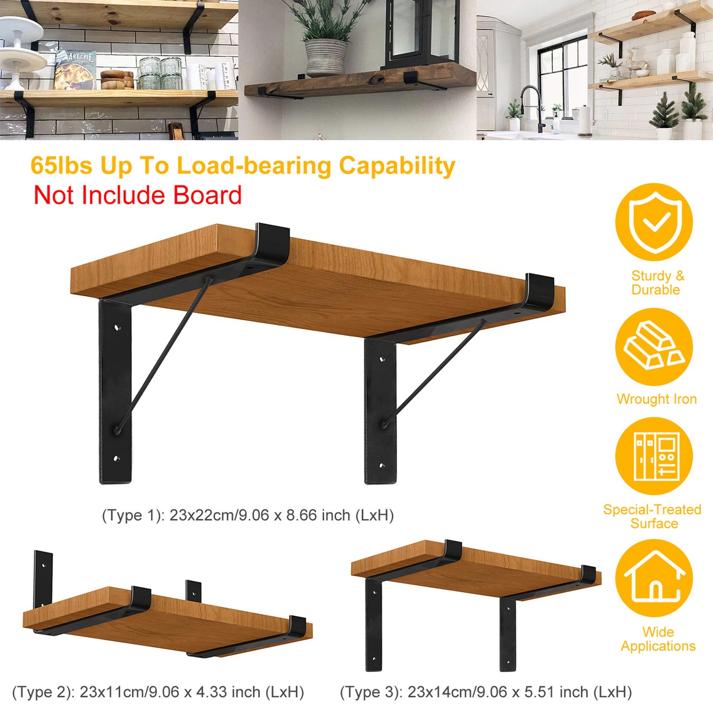 Heavy Duty Wall Mounted Shelf Brackets - 2 Pack Black Metal