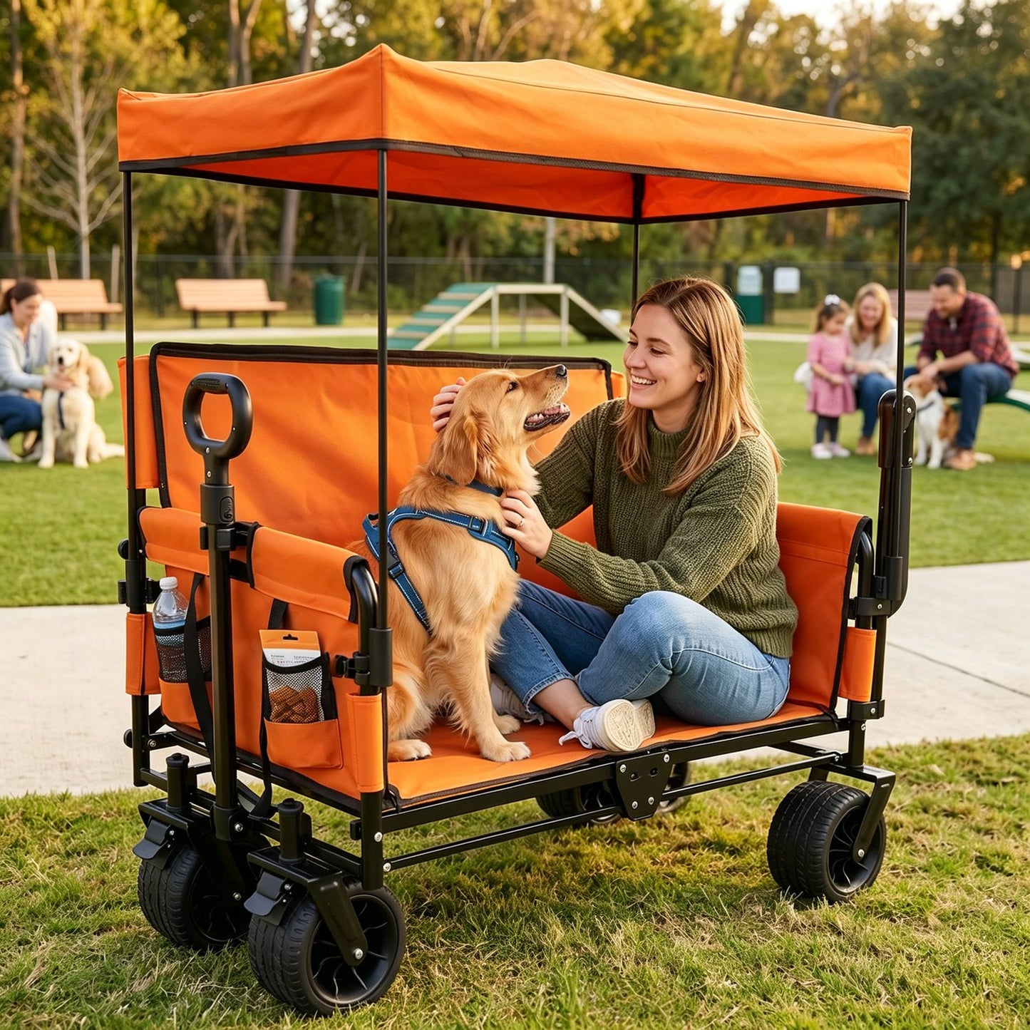 Folding Wagon Cart with Bench Seat & Canopy, 500lbs Capacity