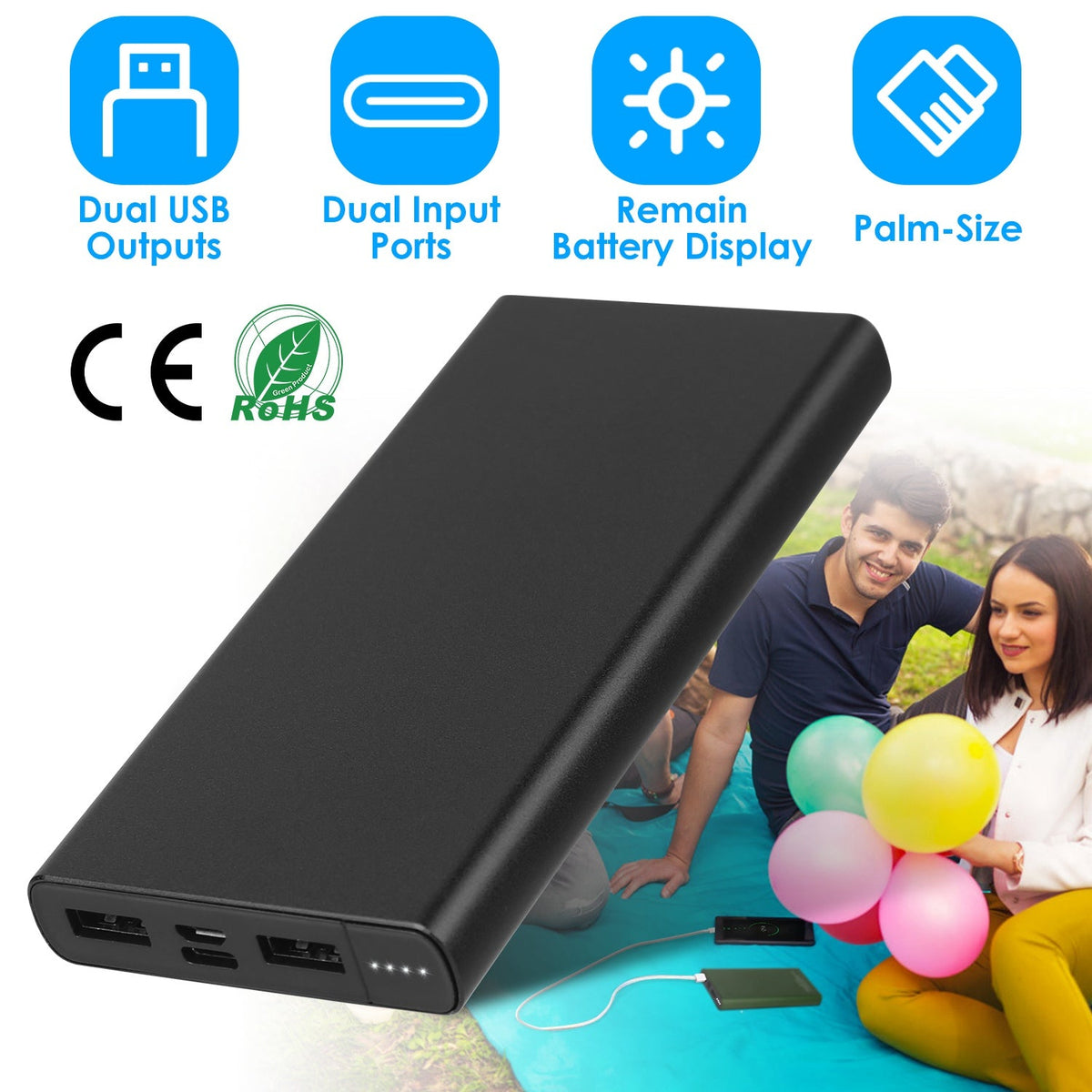 20000mAh Power Bank Portable External Battery Pack Phone Charger with Dual USB Output Ports Type C Micro USB Input