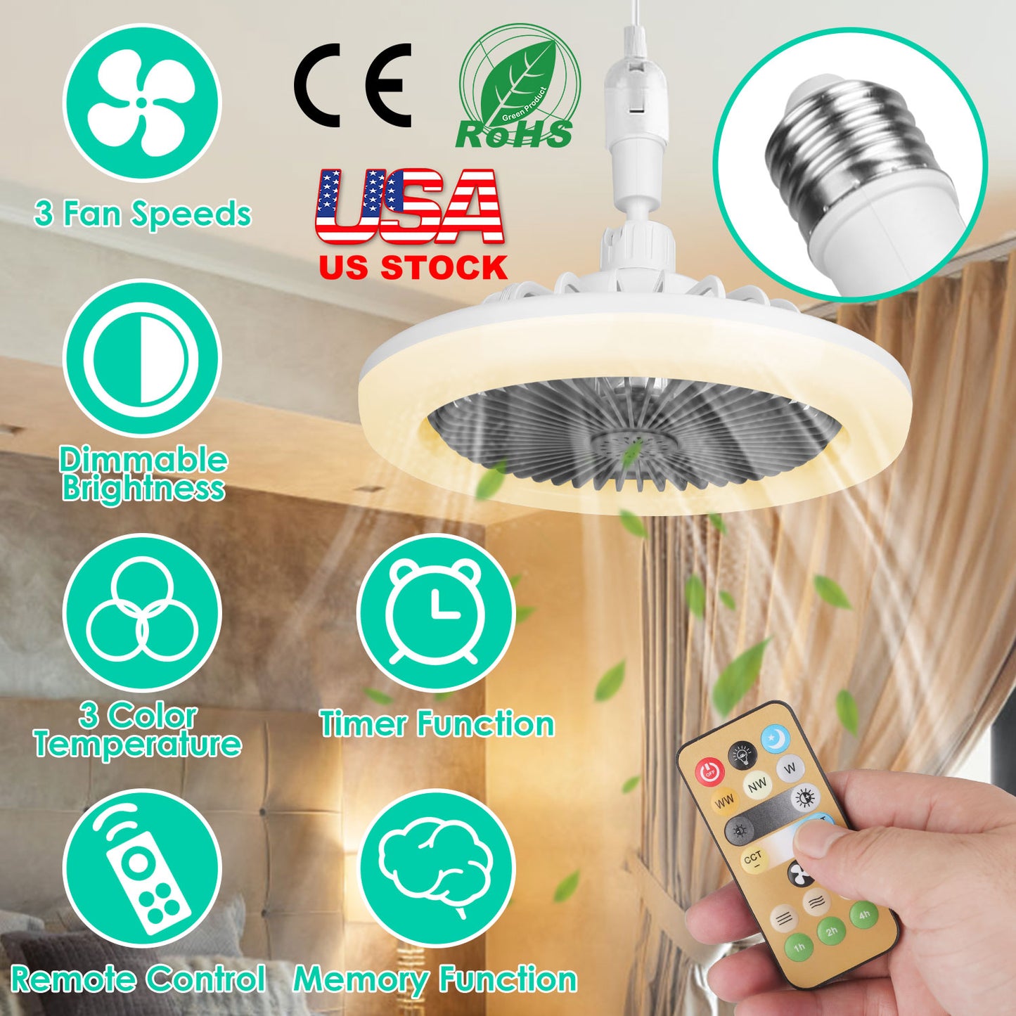 E27 Socket Ceiling Fan with Dimmable LED Light & Remote
