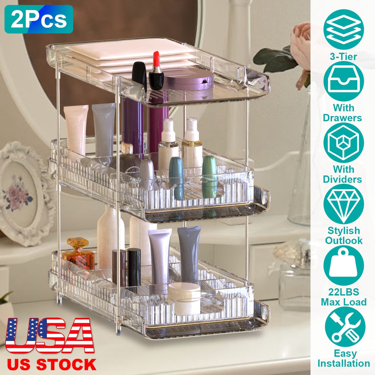 3-Tier Clear Bathroom Organizer with Drawers (2-Pack)