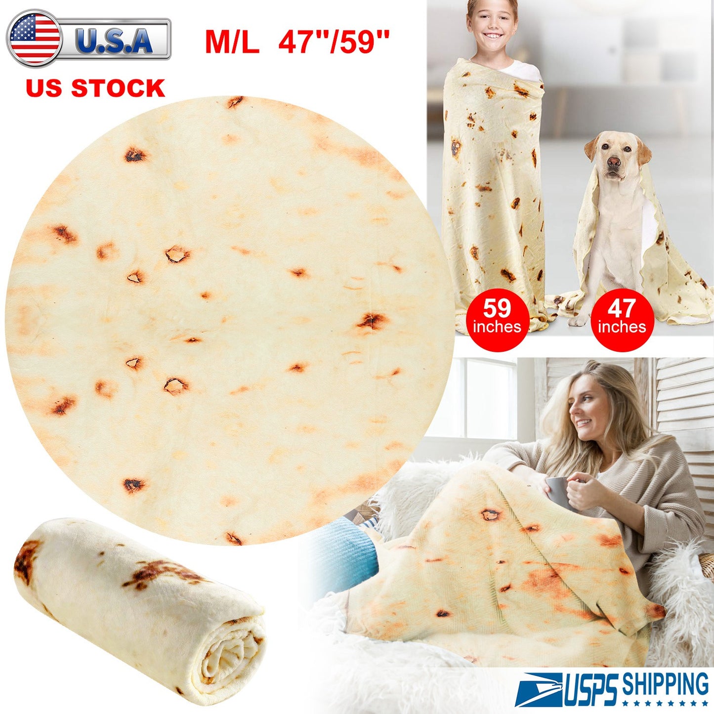 Burrito Tortilla Novelty Throw Blanket - Soft Flannel Round Wrap